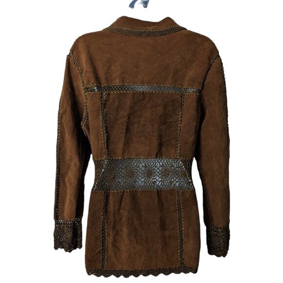 Vintage 90s Y2K Static Brown Suede Crochet Patched Blazer Boho Size Medium - Picture 2 of 9